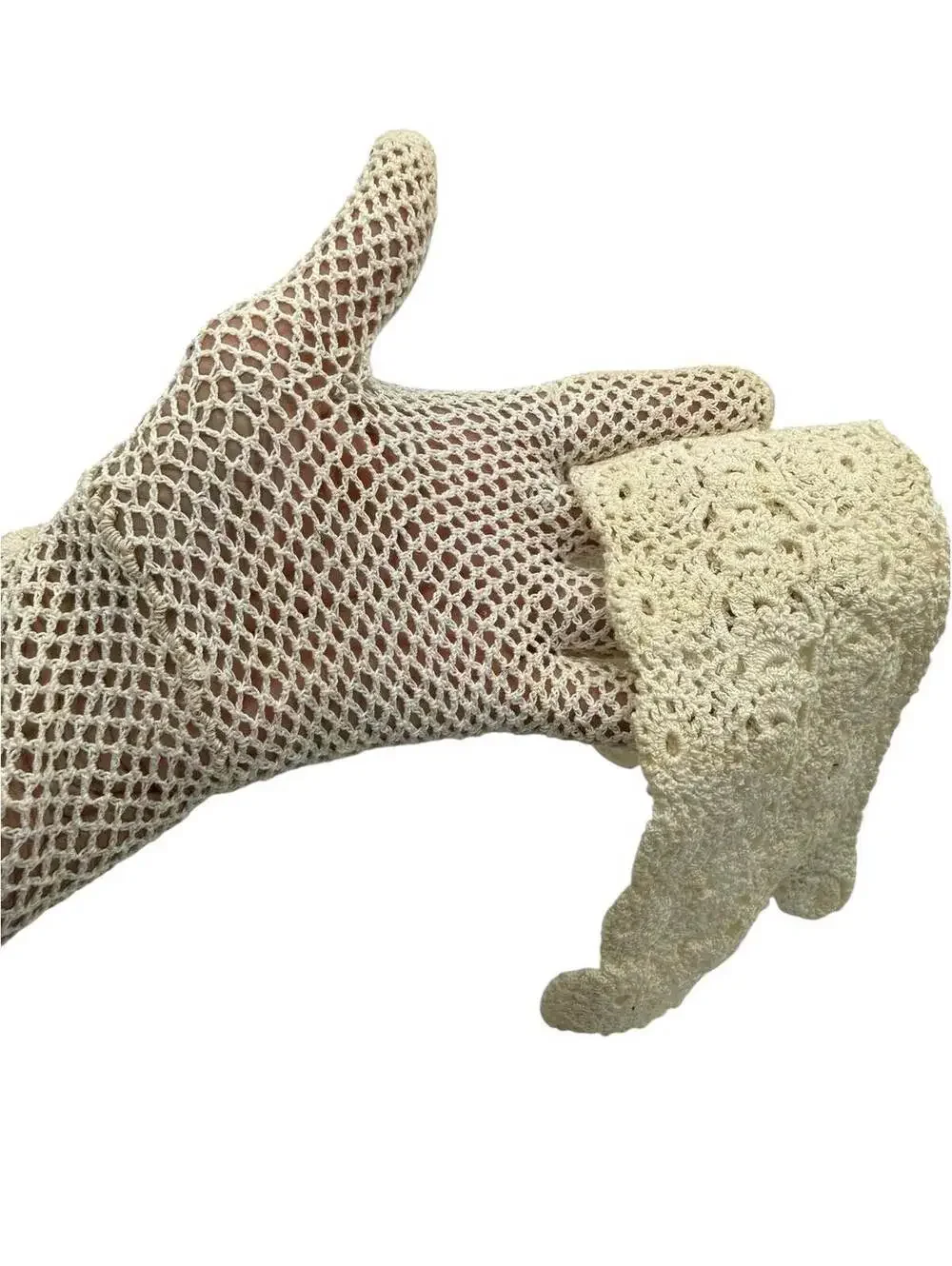 Vintage 1930s Hand Crochet Cotton Gloves. Opera Length, Ivory, Wedding, Forma;